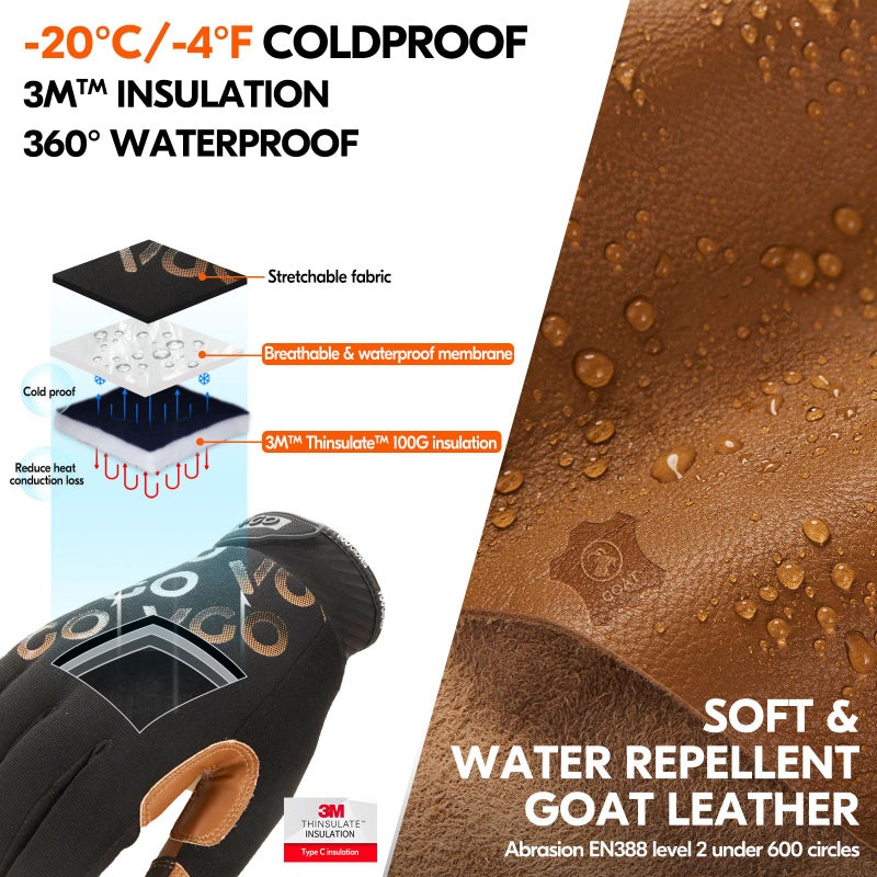 Vgo... 1-Pair -4? or above 3M Thinsulate C100 Winter Warm Waterproof Light Duty Mechanic Glove, High Dexterity, Anti-abrasion, Rigger Glove (Size XL, Brown, GA9603FW) - Image 2